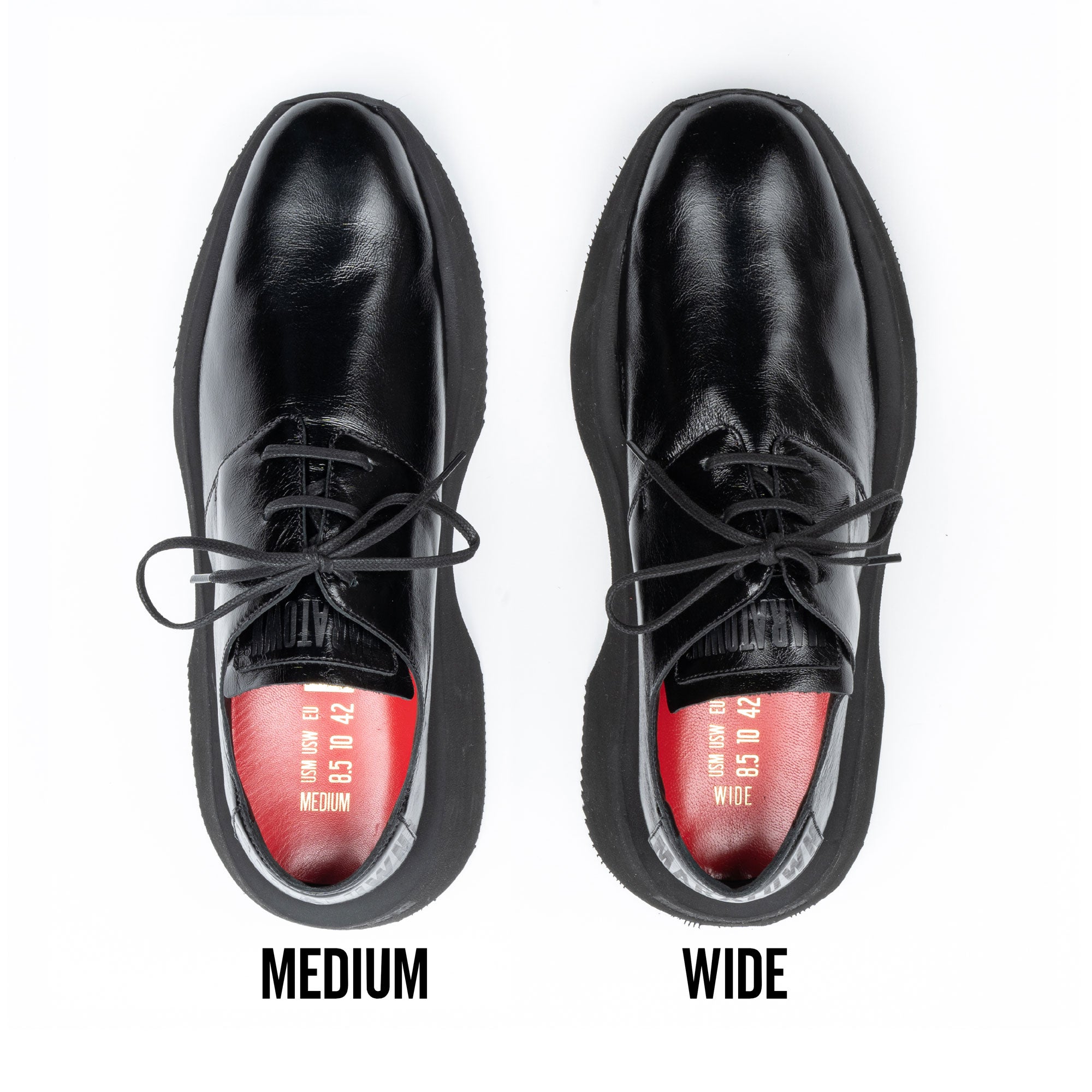 maratown Available in medium and wide fit, with extra-wide fit coming soon. A pair of volume adjusters comes in each box. The soft leather will stretch around your feet.